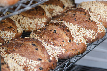 freshly baked oatmeal raisin bread at an artisan bakery