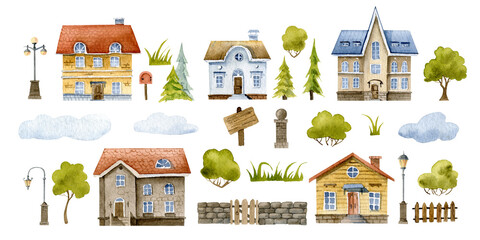 Obraz na płótnie Canvas Houses watercolor set. Hand drawn collection of cottages. Bundle with old buildings, trees and lamps. Isolated elements on white background