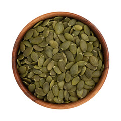 bowl of green pumpkin seeds on white background, top view