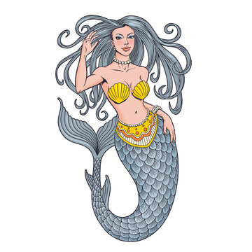 Mermaid posing, isolated on white background. Beautiful young sea woman. Vector illustration.