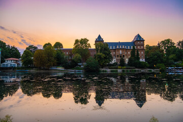 Fototapeta na wymiar Sunset view of a Castle in the city of Turin on the banks of the river Po