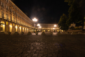 TURIN, ITALY - August 21, 2021 Long exposure shot of beautiful city of Turin at night.