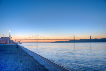 Sunrise view of bridge of 25th April in Lisbon, Portugal