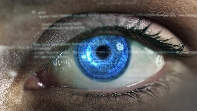 
Macro Shot Of Young Female Blue Eye With Hi Tech Futuristic Sophisticated Technology Hud Application With Augmented Reality Holograms. Internet Of Things, Surveillance System.