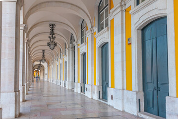 Detail of an arcade surrounding praca do comercio in Lisbon, Portugal.