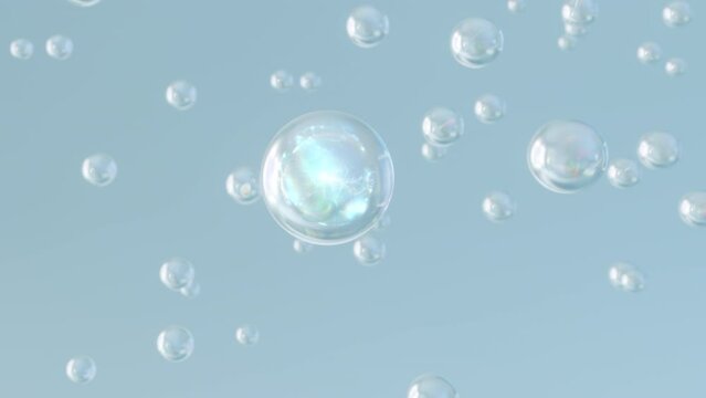Macro shot of various Serum bubbles in water rising up on light blue background. Super slow motion Beauty glossy Moisturizing bubble blobs design. 3D animation of Cosmetic serum