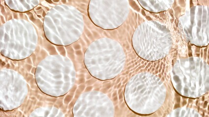 Water waves crossing and splashing against cotton pads arranged in lines on beige background | product background, cleansing lotion commercial
