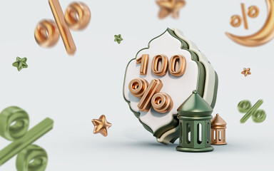 100 percent Ramadan and eid discount label badge big sale offer banner template design 3d render