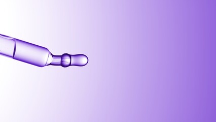 Macro shot of a serum dropper oriented horizontally with transparent liquid drop hanging from it on purple background | Abstract body care lotion ingredients mixing concept