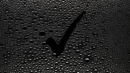 Sign checkmark printed on the wet glass on black background | antiperspirant commercial concept