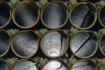 View through the barrels of a Russian truck-mounted 122 mm multiple rocket launcher (MRL) BM-21 "Grad".