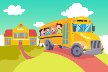 Cute Cartoon Kids Returning Home on School Bus Flat Illustration