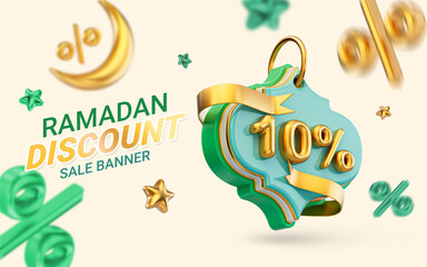 Ramadan and eid big offer 10 percent discount sale poster design 3d render for social banner