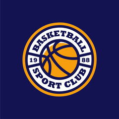 Basketball colorful vintage logo. Blue and yellow emblem. Retro ball Logo on light and dark blue background