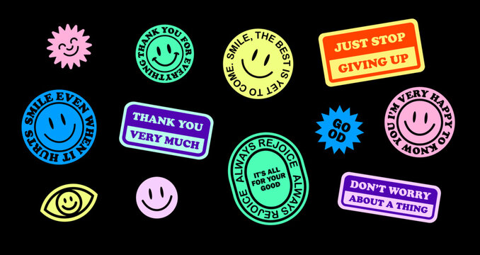 Cool Trendy Patches Vector Design. Abstract background with smiley stickers and don't worry quotes. Good Vibes, Positive Energy and Smile Badges.