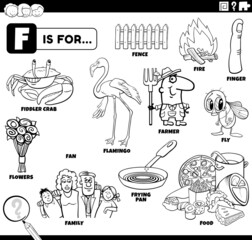 letter f words educational set coloring book page