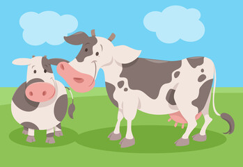 cartoon spotted cow farm animal character with calf