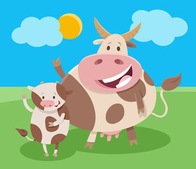 Obraz na płótnie Canvas happy cartoon cow farm animal character with calf