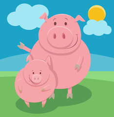 happy cartoon pig farm animal character with piglet