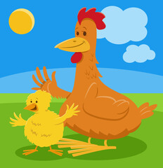 happy cartoon hen farm animal character with chick