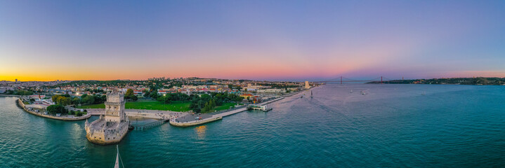 Sunset panorama of Torre de Belem in Lisbon, Portugal