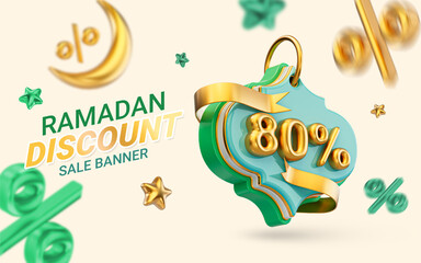 Naklejka premium Ramadan and eid big offer 80 percent discount sale poster design 3d render for social banner