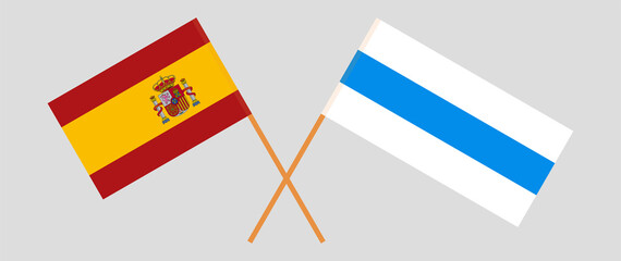 Crossed flag of Spain and anti-war white-blue-white flag of Russian opposition