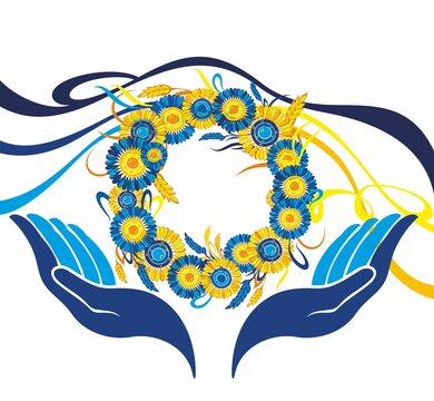 Ukrainian  floral wreath, colorful ribbon, yellow sunflower icon isolated on white background. Vector flat illustration. Symbol of independence, hope and love