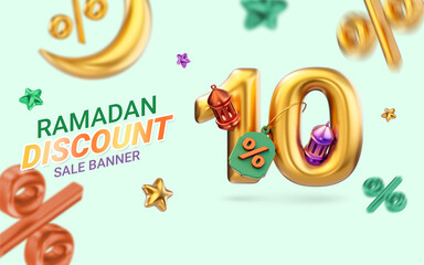 gold realistic 10 percent discount Ramadan and Eid super sale offer banner template design 3d render