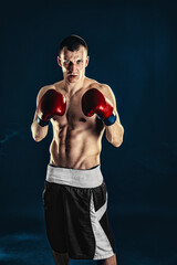 Naklejka na ściany i meble Sportsman boxer fighting on black background. Copy Space. Boxing sport concept