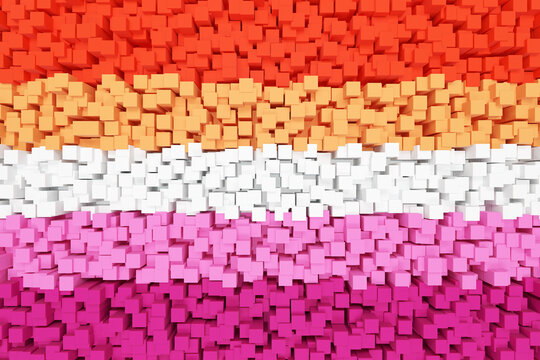 A wall formed by squares painted in the color of the lesbian flag