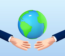 Sustain earth concept. Human hands holding globe isolated on blue background. Green Planet in Your Hands. Save Earth. 3d vector object.