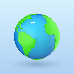 Cartoon planet Earth isolated on blue background. Planet Earth day or Environment day concept. Realistic 3d vector illustration