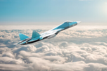 Fighter jet on a combat mission above the clouds.