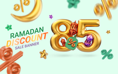 gold realistic 85 percent discount Ramadan and Eid super sale offer banner template design 3d render