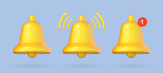 3D notification bell icon isolated on blue background.  Yellow ringing bell with new notification for social media reminder. 3d cartoon vector illustration.