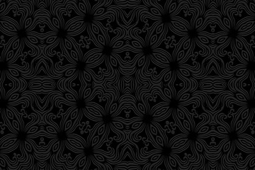Vintage embossed black background, cover design. Geometric exotic 3D pattern, ethnic texture. Creativity of the peoples of the East, Asia, India, Mexico, Aztecs, Peru.