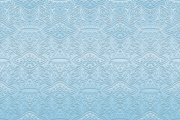 Embossed satin elegant blue background, cover design. Geometric 3d pattern, ethnic texture. Creativity of the peoples of the East, Asia, India, Mexico, Aztecs, Peru.