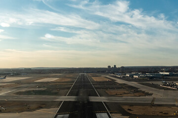 Aerial view of the runway at Newark Liberty Airport EWR in newark New Jersey, USA