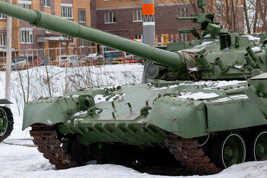 Military Russian equipment in winter in the city