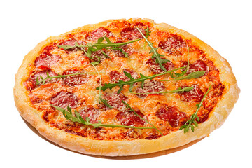 Delicious pizza served on wooden plate isolated on white