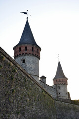 Fototapeta premium Several towers of a medieval stone fortress with a wall overgrown with moss.