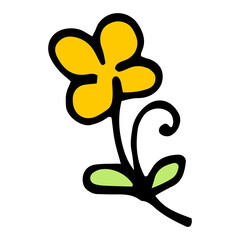 the flower icon is yellow. hand-drawn simple flower of yellow four petals with curls and green leaves, black outline for the design template