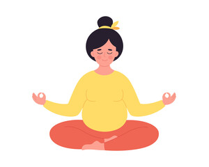 Pregnant woman meditating in lotus pose. Healthy pregnancy, yoga, relax, breathing exercise. Hand drawn vector illustration