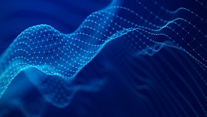 Digital moving wave. Background with moving luminous particles. Connecting dots and lines on a dark background. 3d rendering.