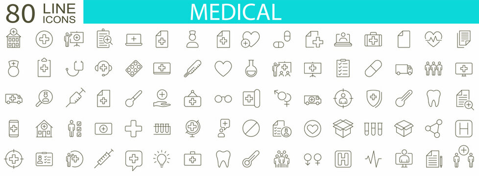 Set 80 Medecine and Health icons. Outline icons collection. Collection health care medical sign icons. Vector illustration