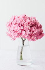 Beautiful pink hydrangea flowers in a vase on a table.