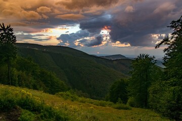 Sunset after a storm in the Beskid mountains in Czechia