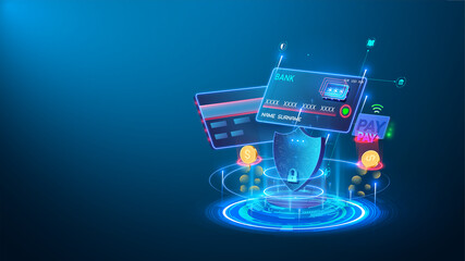 Projection of a credit card, on background of a billboard, money and payment. Target page for protection of online payments, online purchases using bank card. Concept of electronic security financing.