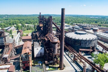 A view of former steelworks in Dolni Vitkovice industrial area in Ostrava, Czechia - obrazy, fototapety, plakaty